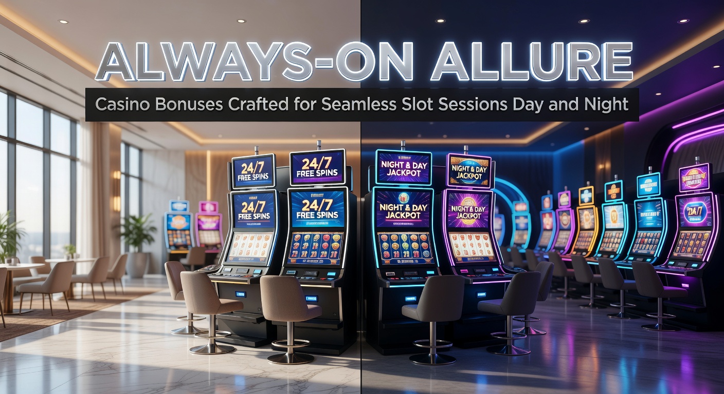 Vibrant slot machine reels spinning under neon lights with bonus icons overlayed, symbolizing endless 24/7 action
