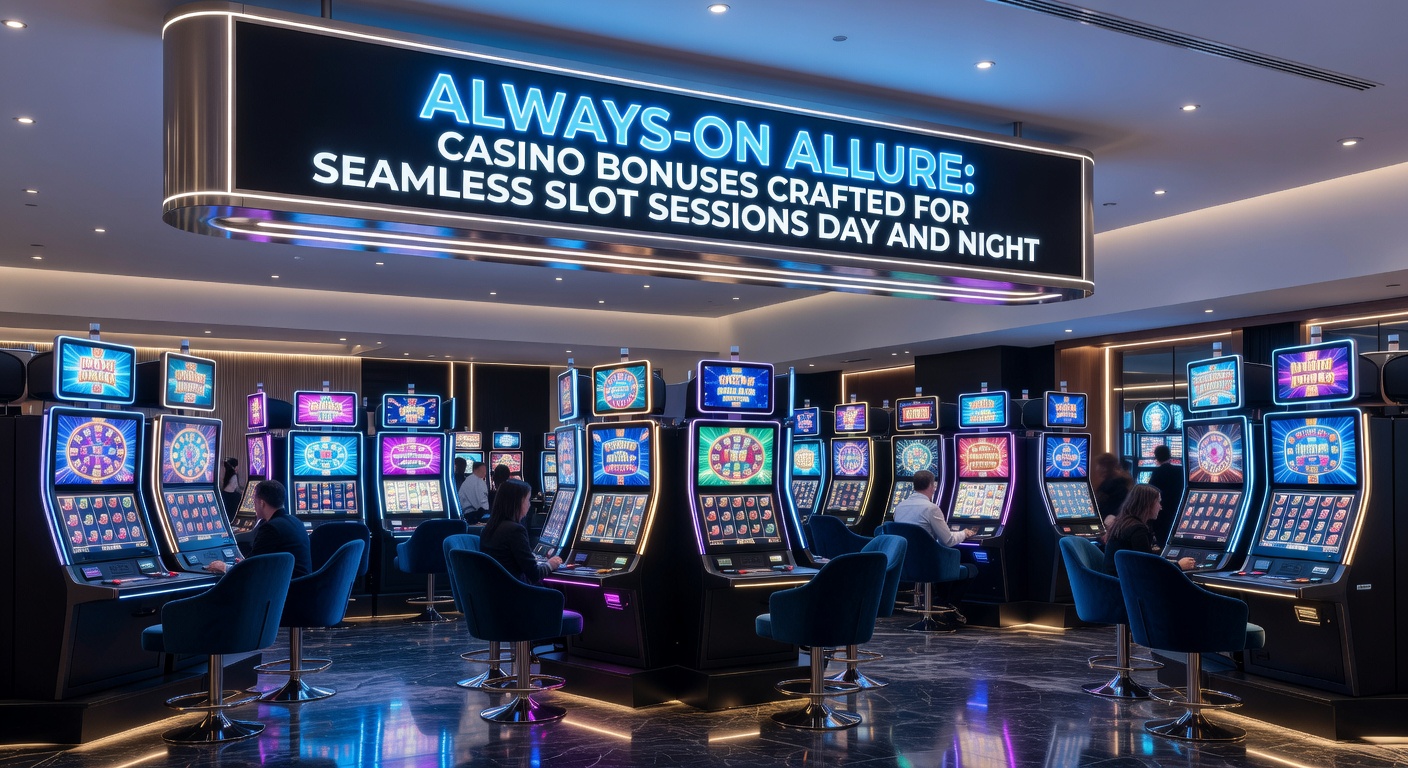 Mobile phone screen displaying a casino app with active daily bonus notifications and spinning slot reels at night, highlighting 24/7 accessibility