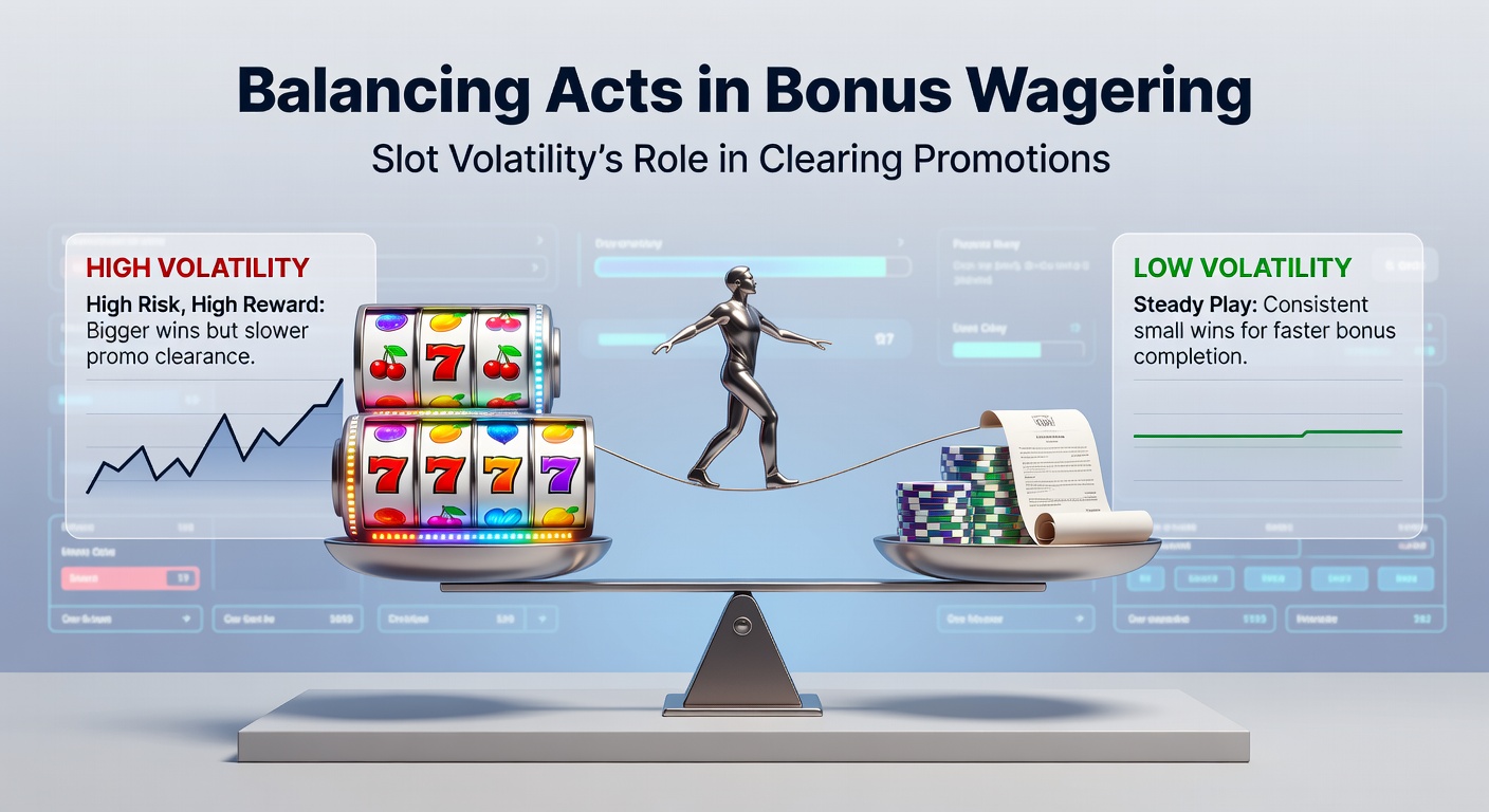 Graph comparing low, medium, and high volatility slots' impact on bonus wagering progress over 1000 spins, with overlaid win distribution curves