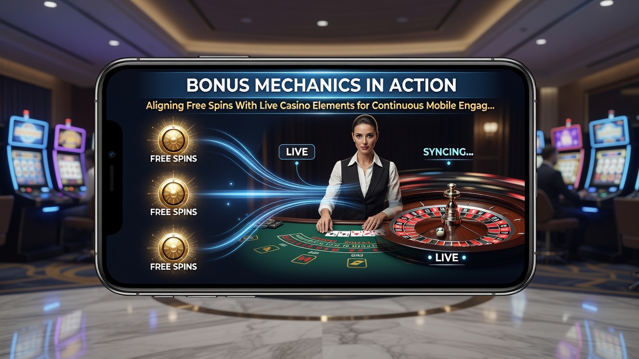Live casino table view on mobile device with free spin counter overlay