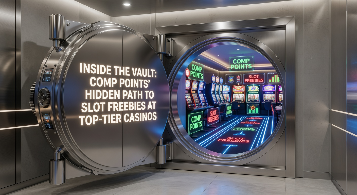 Digital vault door opening to reveal glowing comp points transforming into slot machine free spins at a luxurious casino setting