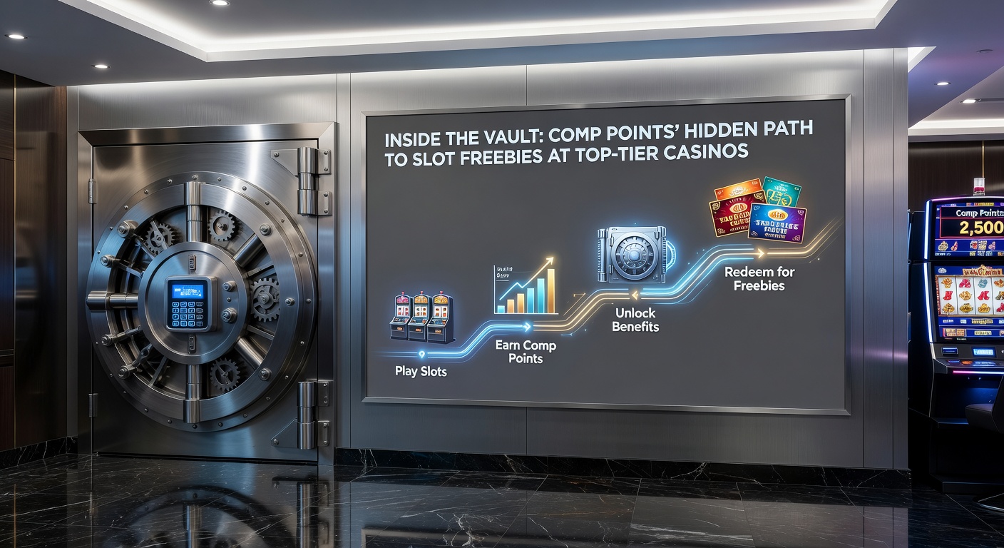 Close-up of a casino loyalty card interface showing comp points balance converting to free slot credits amid spinning reels and jackpot meters