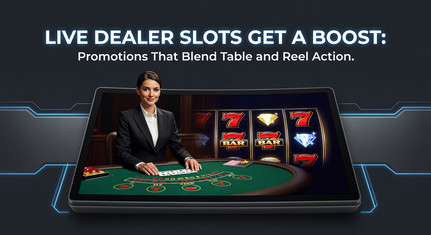 Vibrant casino interface showing a live dealer at a table with slot reels spinning in the background, highlighting blended promotions