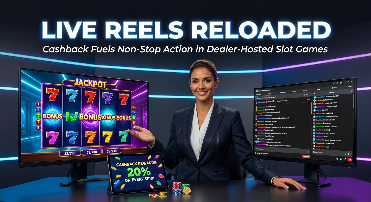 Vibrant live dealer hosting a dynamic slot game session with spinning reels and cashback icons glowing on screen