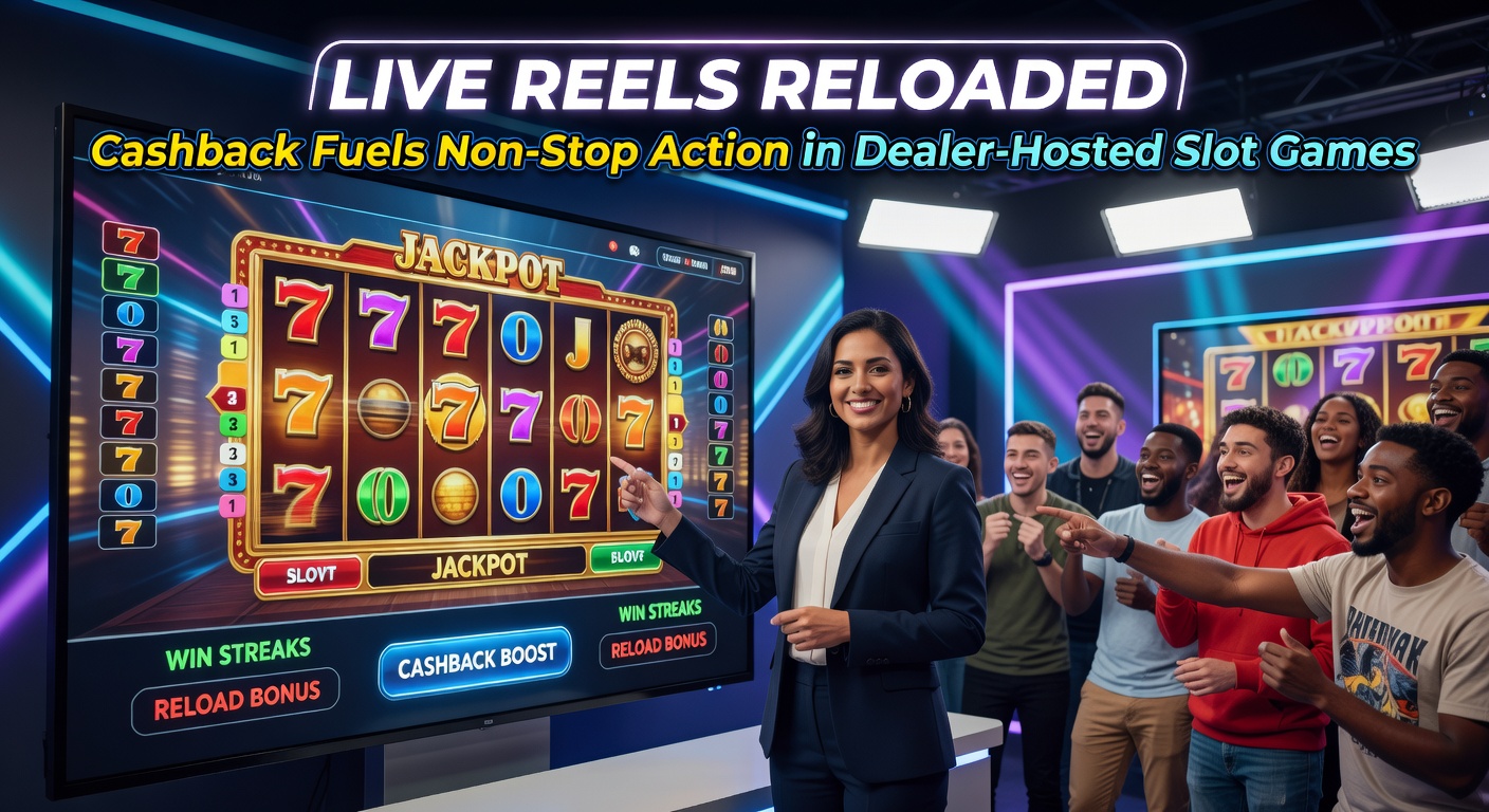 Close-up of a live dealer smiling at camera while interacting with slot reels and highlighting a cashback reward popup during gameplay