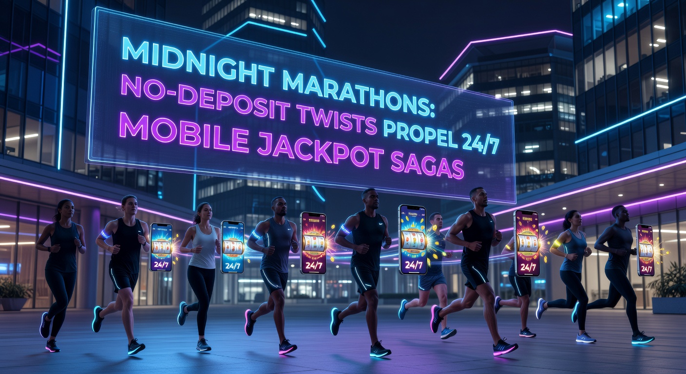 Dynamic close-up of a smartphone interface showing a progressive jackpot meter climbing rapidly, surrounded by no-deposit bonus pop-ups and midnight-themed graphics