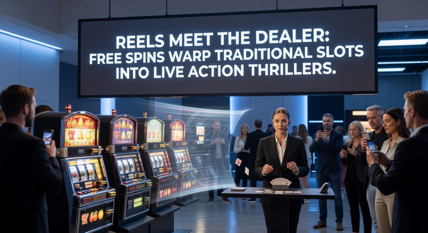 Dynamic scene of a live dealer spinning slot reels with free spins exploding on screen, blending casino action and digital thrills