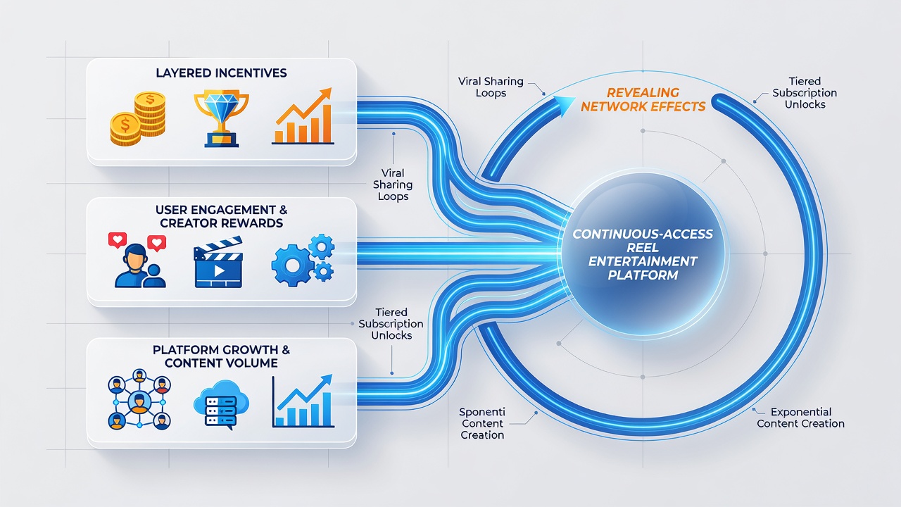 Infographic illustrating growth curves of player networks driven by stacked reward systems in reel entertainment