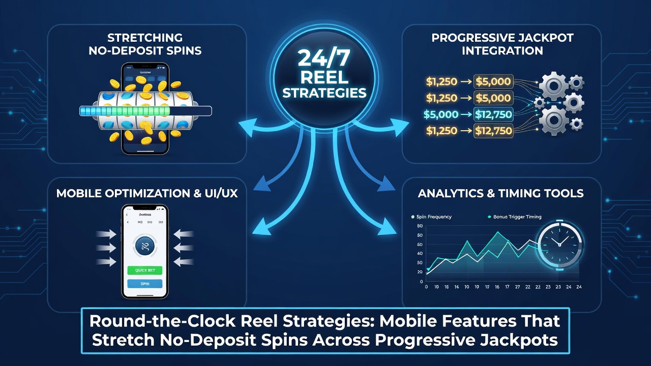 Illustration of mobile slot reels connected to progressive jackpot meters during extended no-deposit sessions