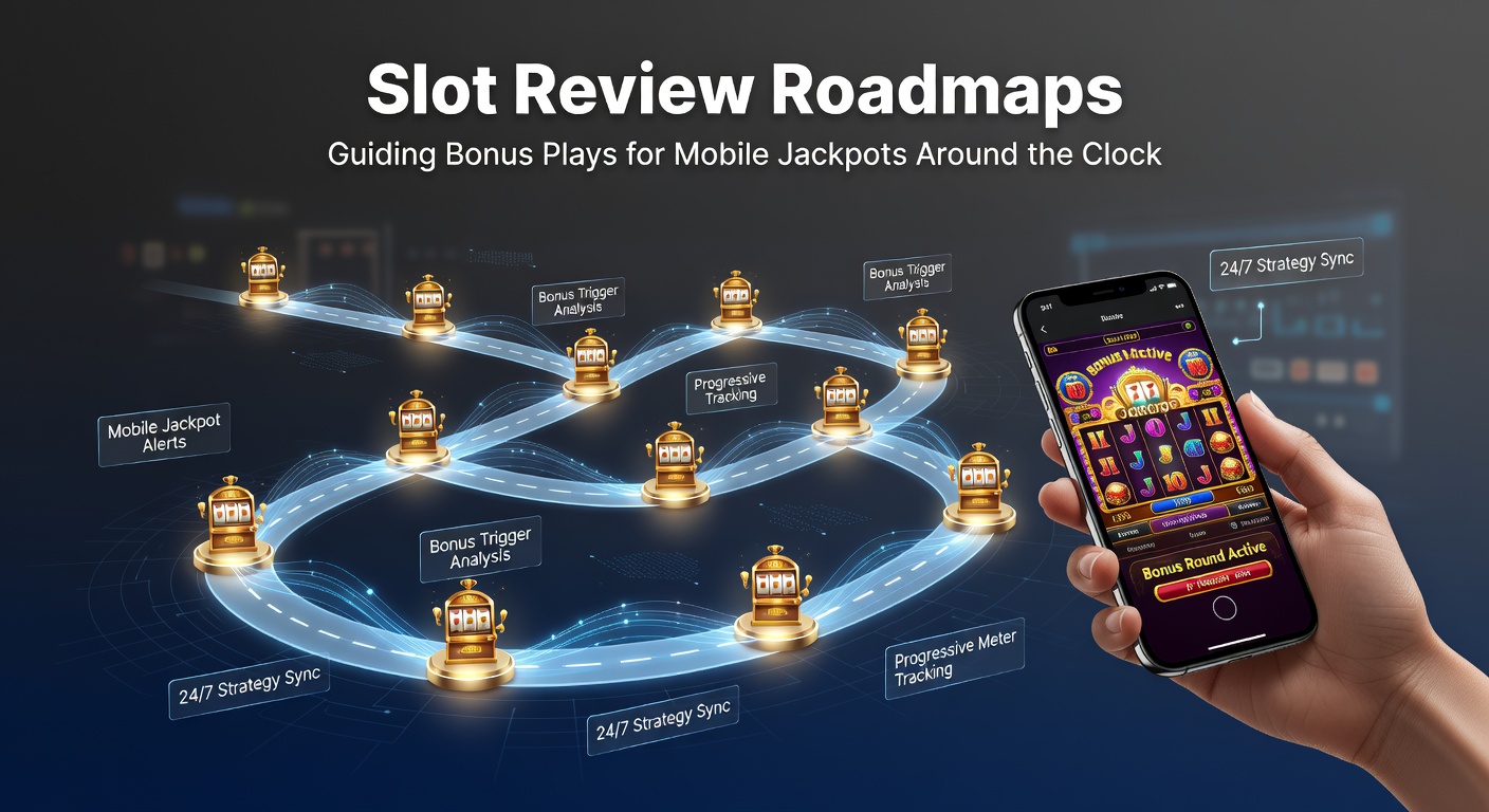 Mobile phone screen displaying a slot review roadmap with 24-hour jackpot bonus timeline, icons for free spins, and progressive meters