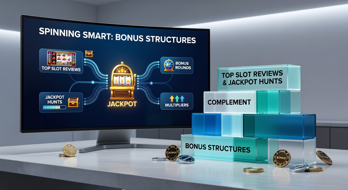 Dynamic graphic of interconnected slot elements: bonus icons linking to review charts and rising jackpot trackers