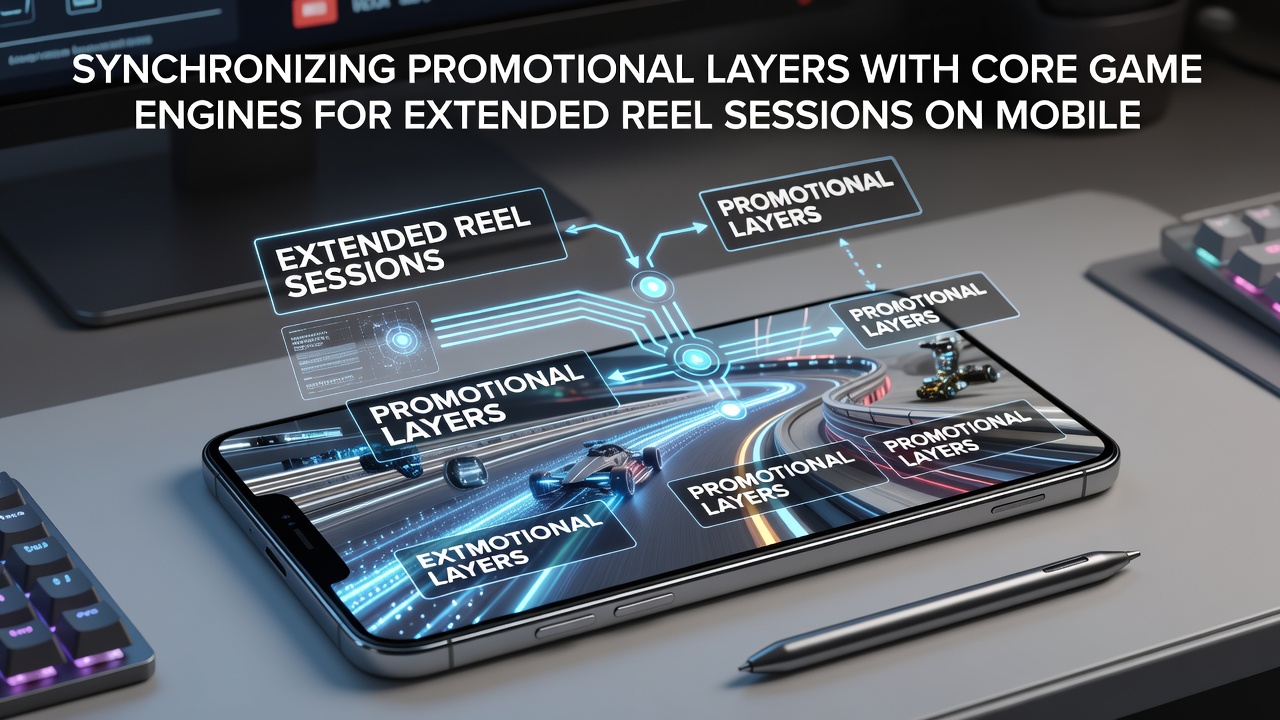 Mobile slot game engine interface showing synchronized promotional overlays during extended reel sessions