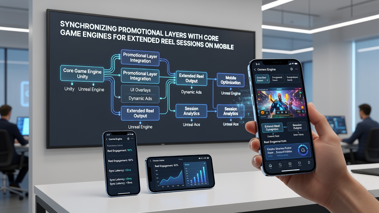 Technical diagram of promotional layer synchronization within a mobile slot game engine