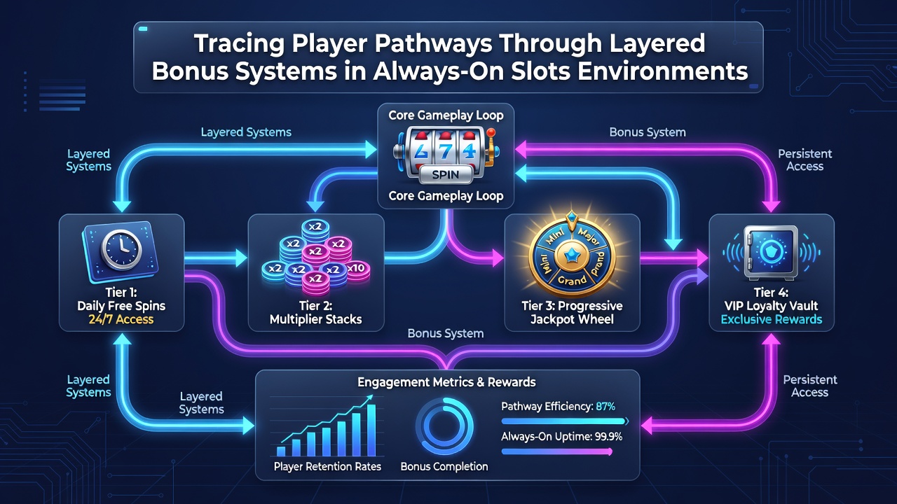 Flowchart illustrating layered bonus activation and player retention metrics in always-on slot platforms